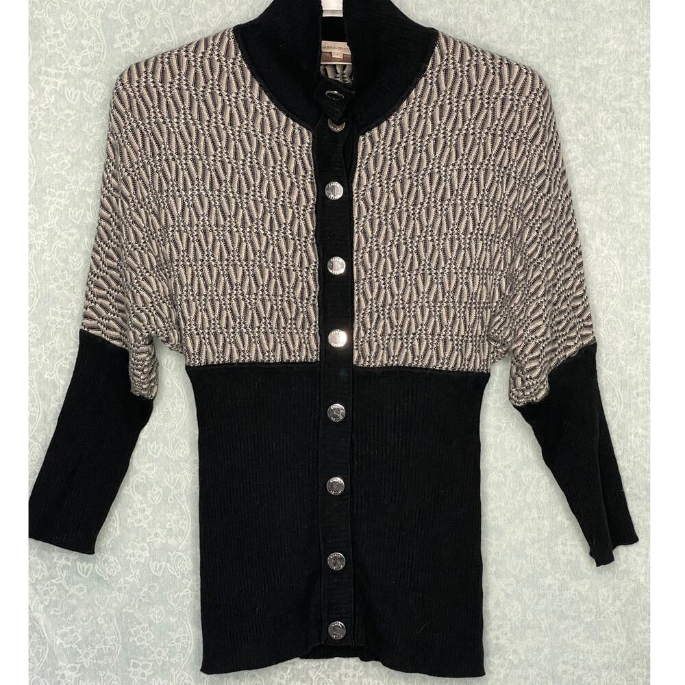 Karen Millen Black Gray Mock Neck Snap Front Dolman Sleeve Knit Top Size 2